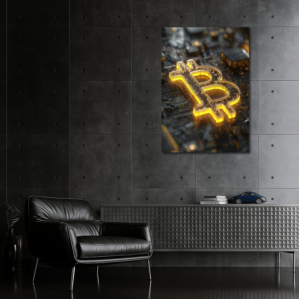 Glowing Bitcoin On Chip Background: Cryptocurrency Themed Wall Art