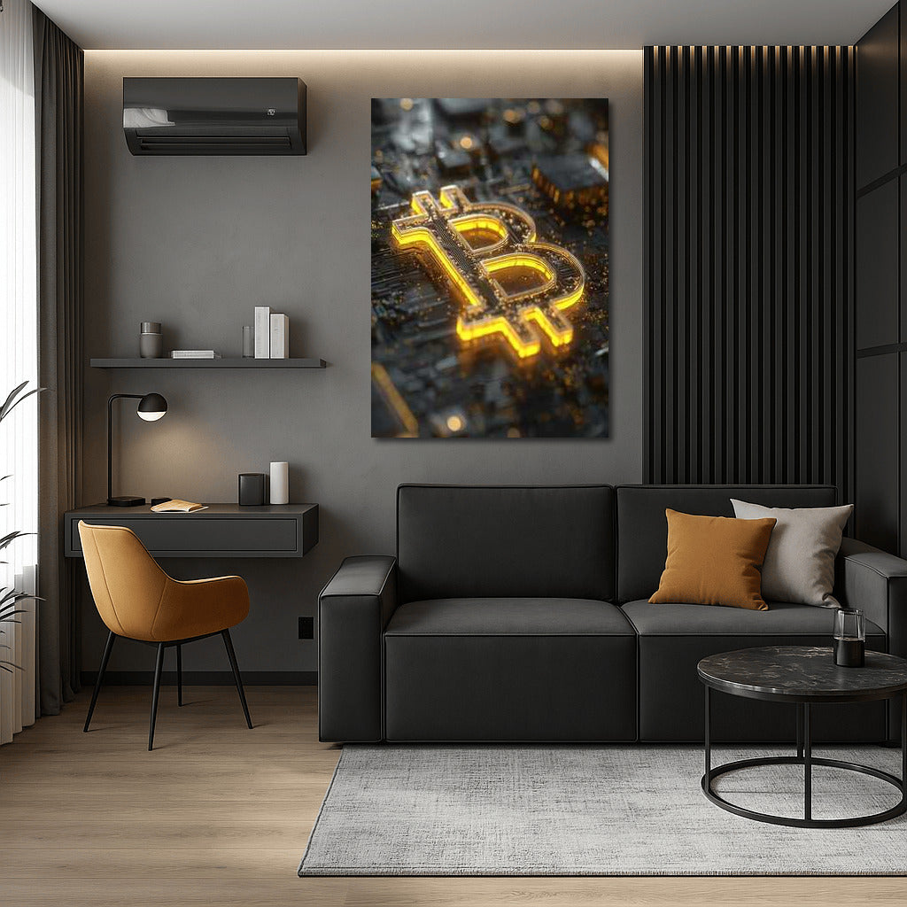 Glowing Bitcoin On Chip Background: Cryptocurrency Themed Wall Art