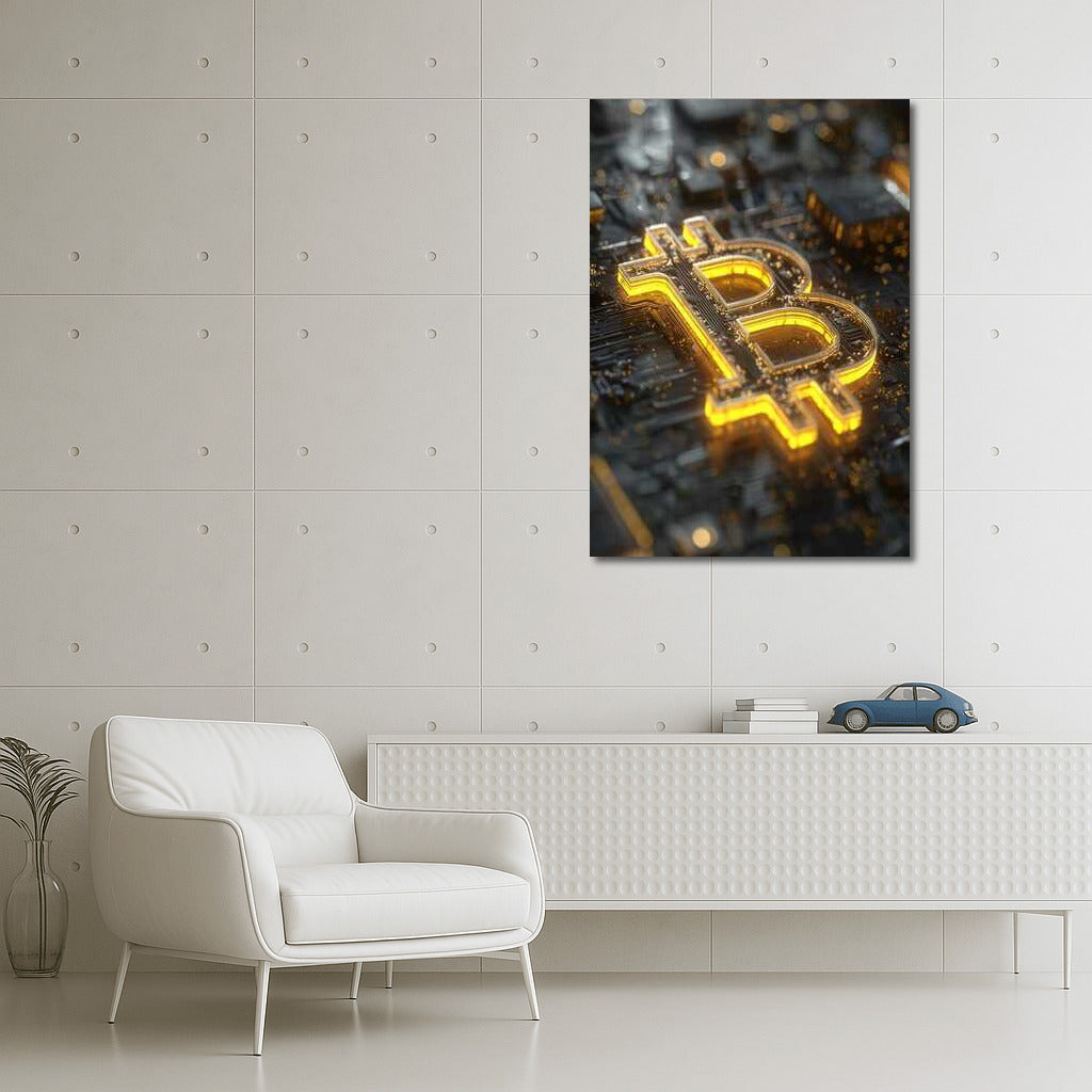 Glowing Bitcoin On Chip Background: Cryptocurrency Themed Wall Art