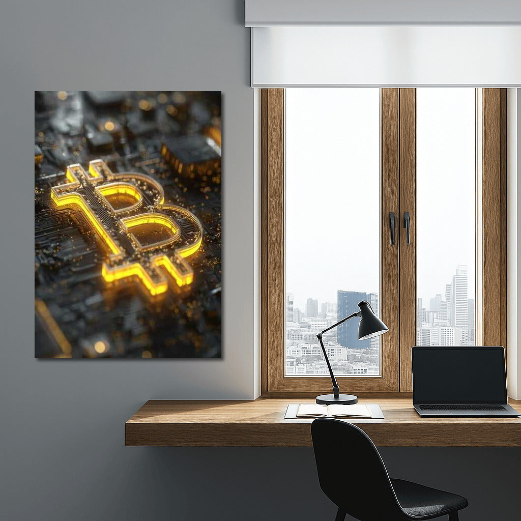 Glowing Bitcoin On Chip Background: Cryptocurrency Themed Wall Art