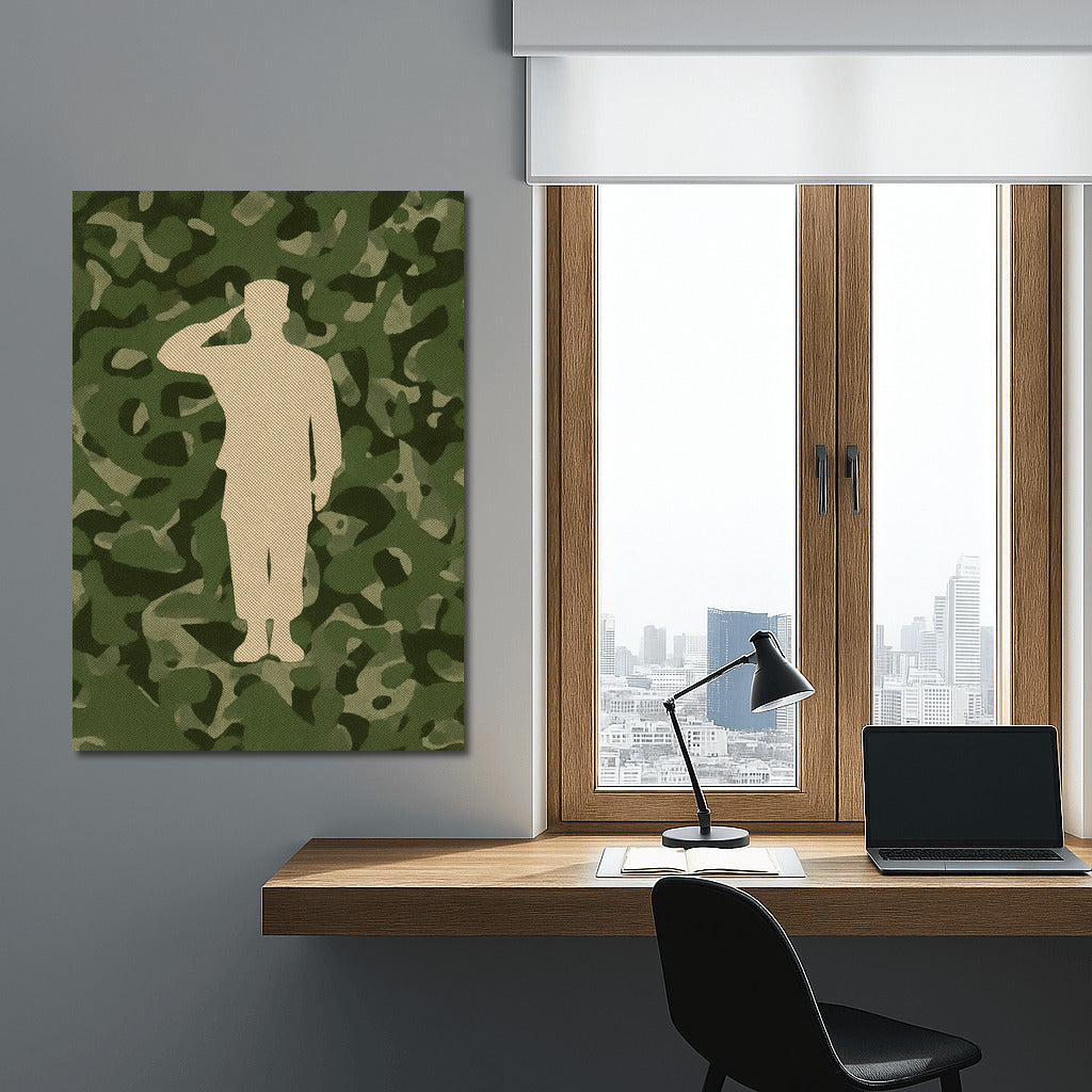 Silhouette of a Saluting Veteran on a Camouflage Background