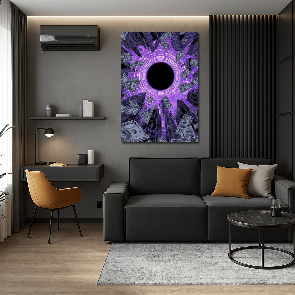 Cosmic Symphony of Money: Purple Horizons and Floating Banknotes