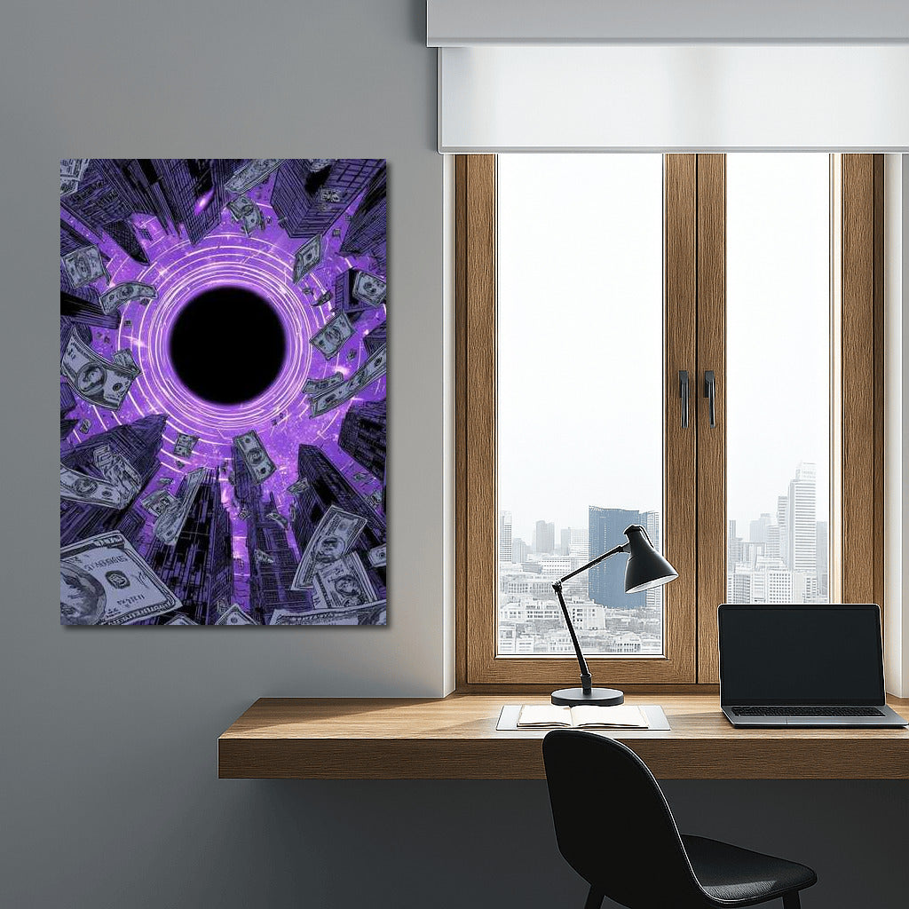 Cosmic Symphony of Money: Purple Horizons and Floating Banknotes