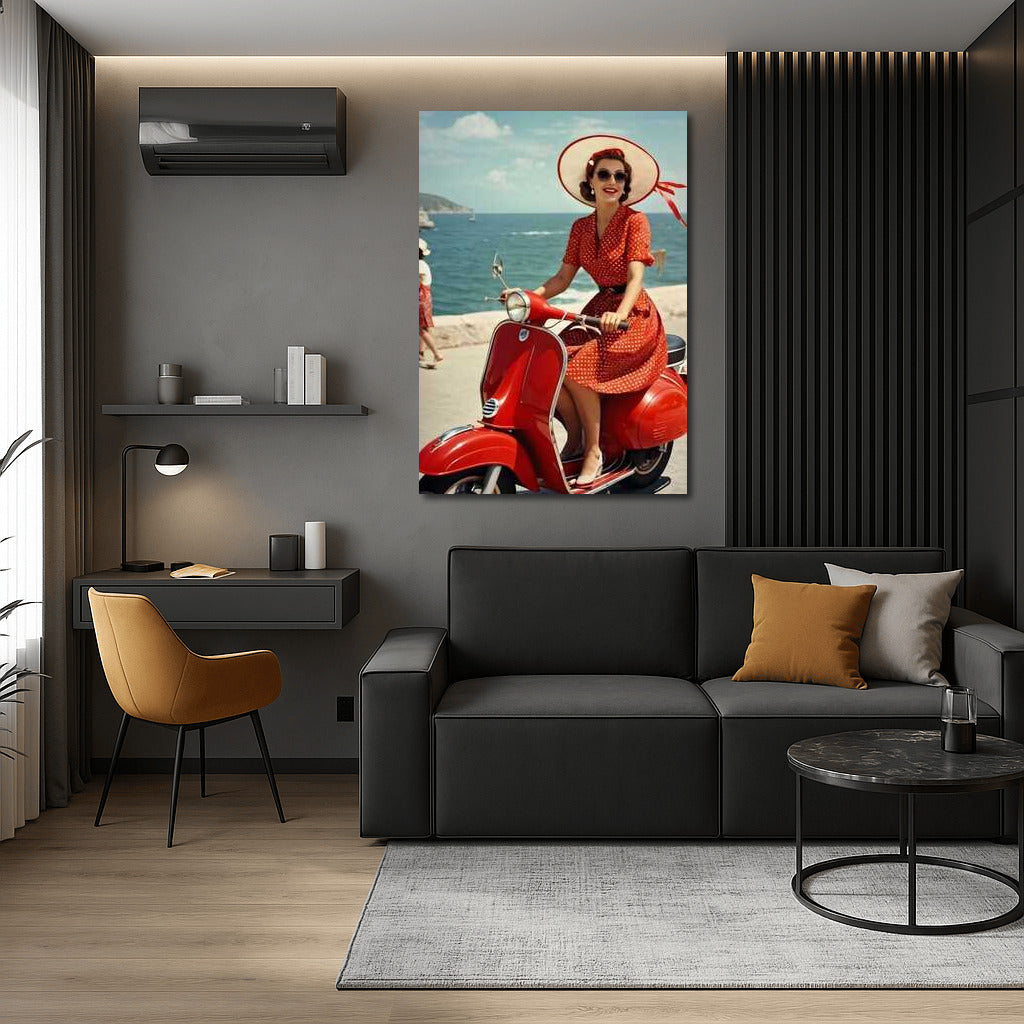 Elegant ride on a red Vespa by the sea: Sunny retro nostalgia of the 70s