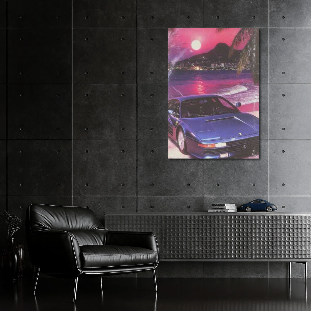 Retro Sunrise: Ferrari and Palms on a Pink Sunset