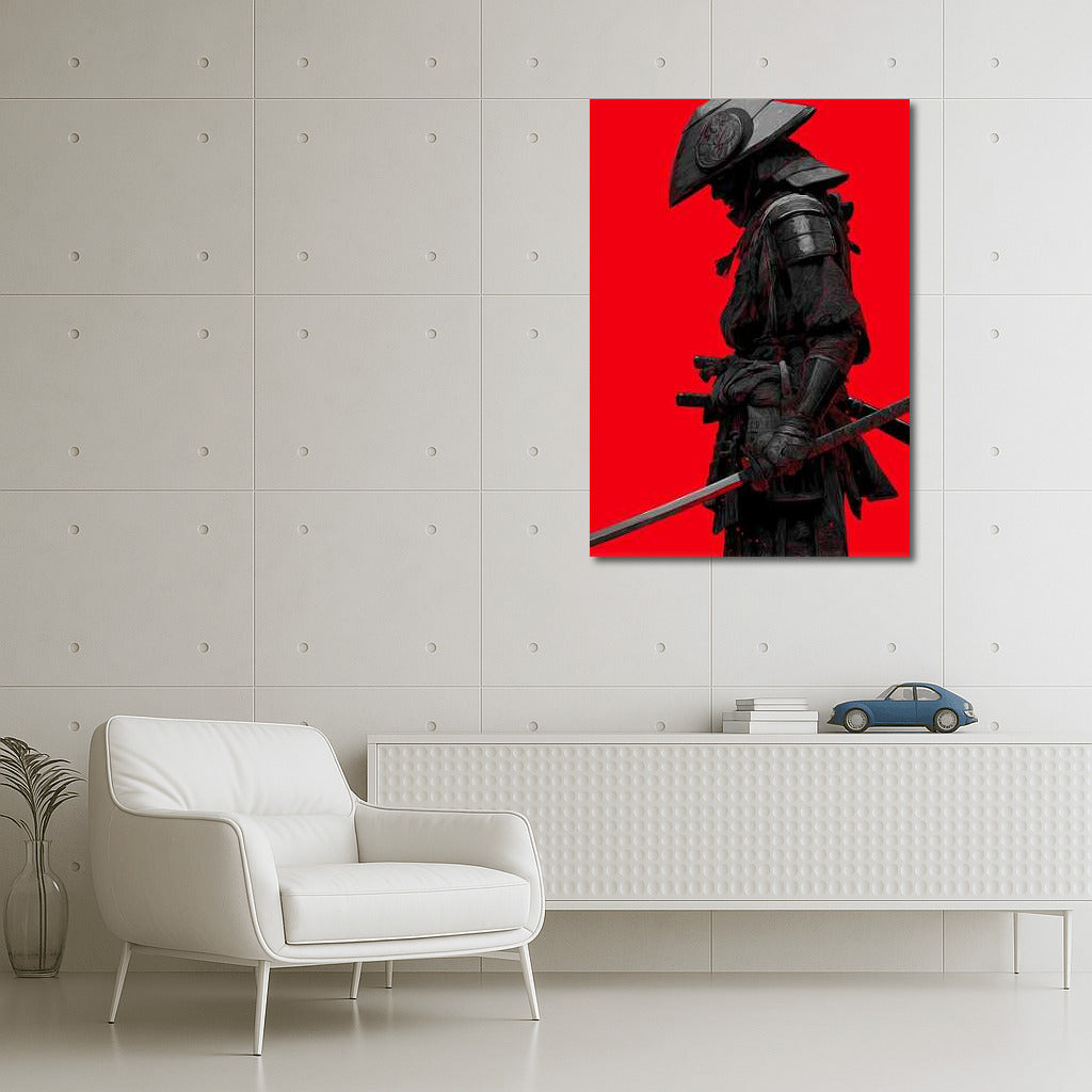 Mysterious Samurai on Red Background: Spirit of Ancient Japan