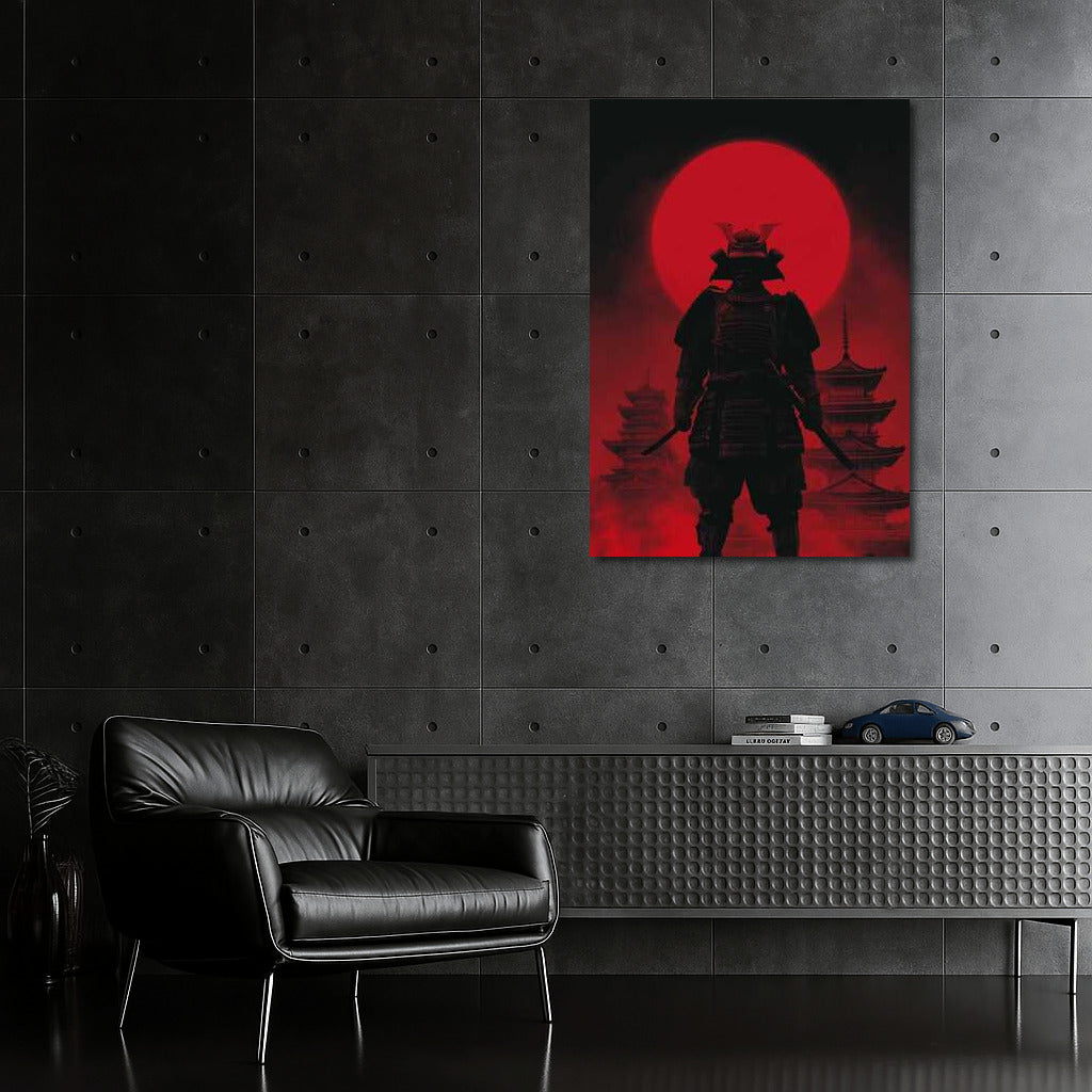 Samurai Silhouette on Red Moon and Pagodas Background