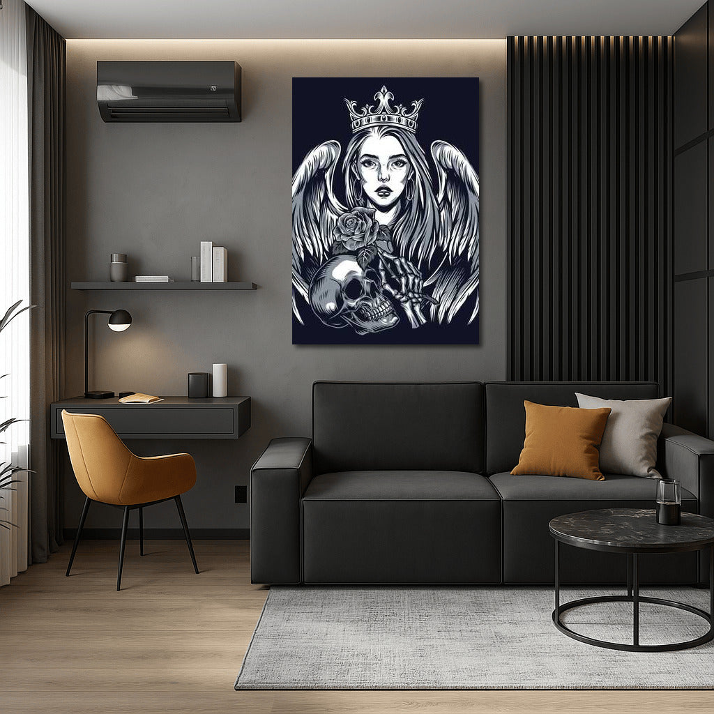 Winged Queen and Skull: Tattoo Symphony of Courage