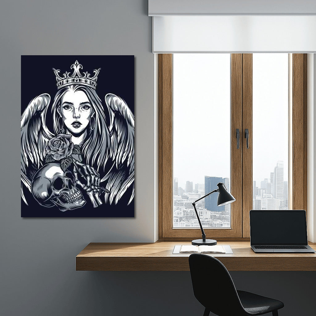 Winged Queen and Skull: Tattoo Symphony of Courage