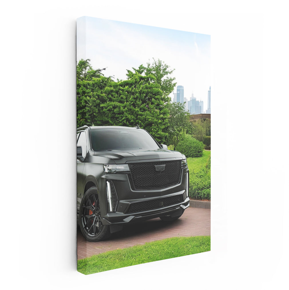 Black Cadillac Overlooking Cityscape - Elegance in Motion