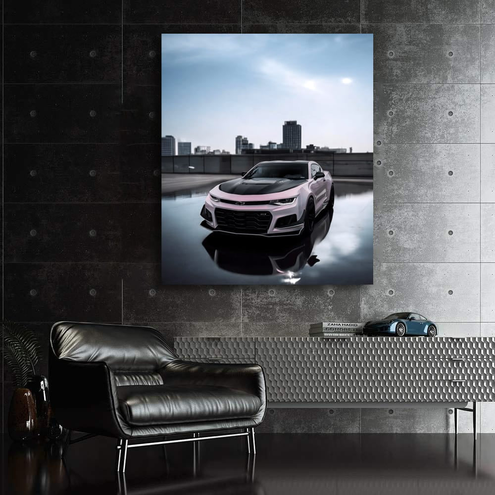 Pink Chevrolet Camaro with Cityscape Backdrop - Bold Elegance