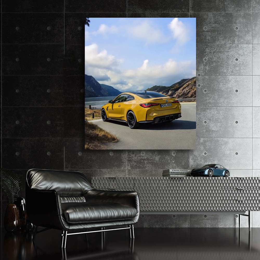 Vibrant Yellow BMW M4 in Mountain Setting - Power and Elegance