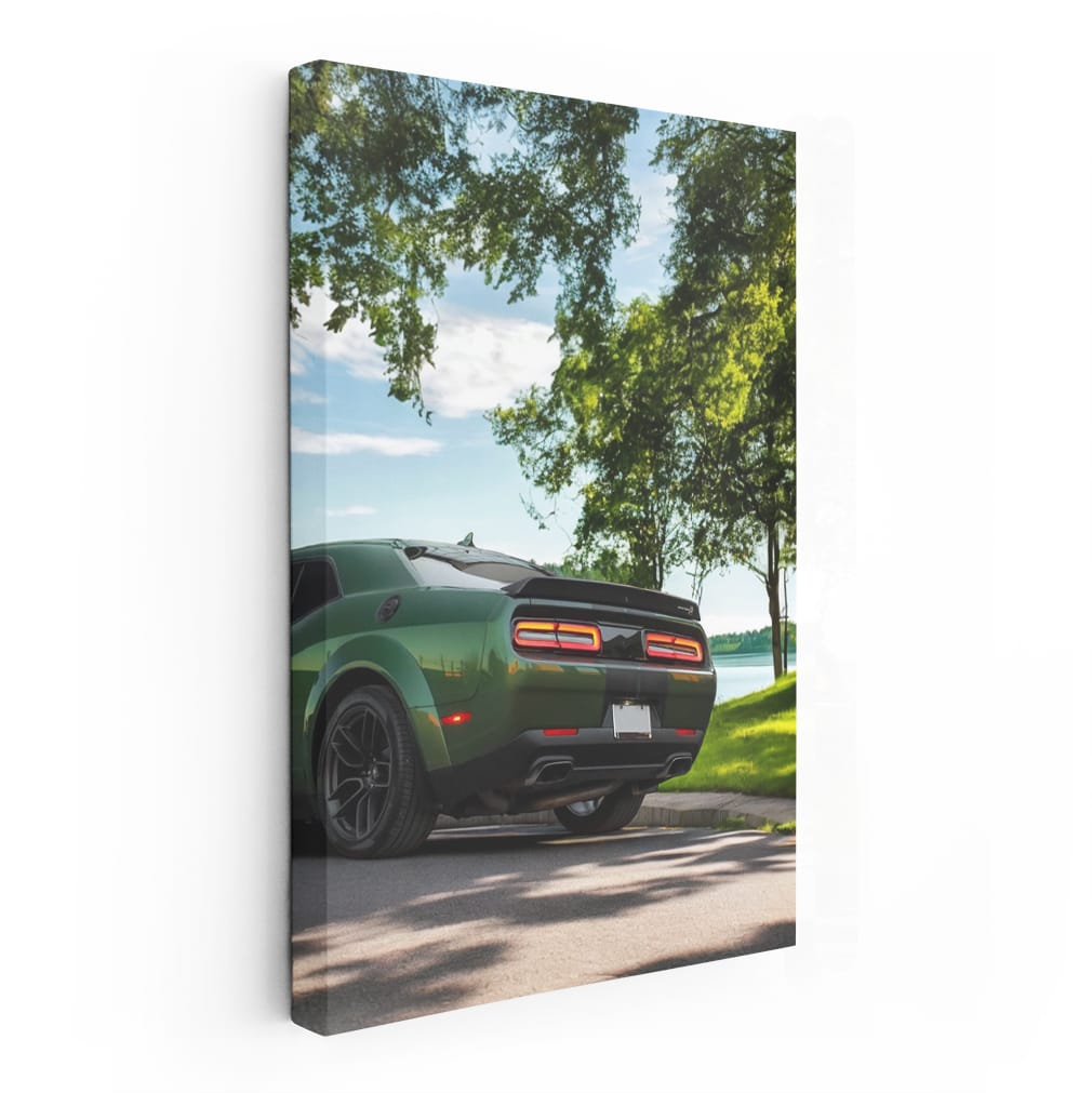 Green Dodge Challenger in Park - Bold American Muscle