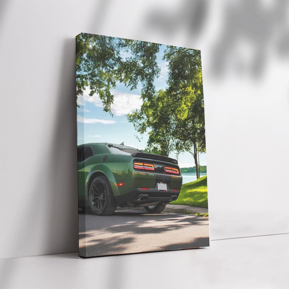 Green Dodge Challenger in Park - Bold American Muscle