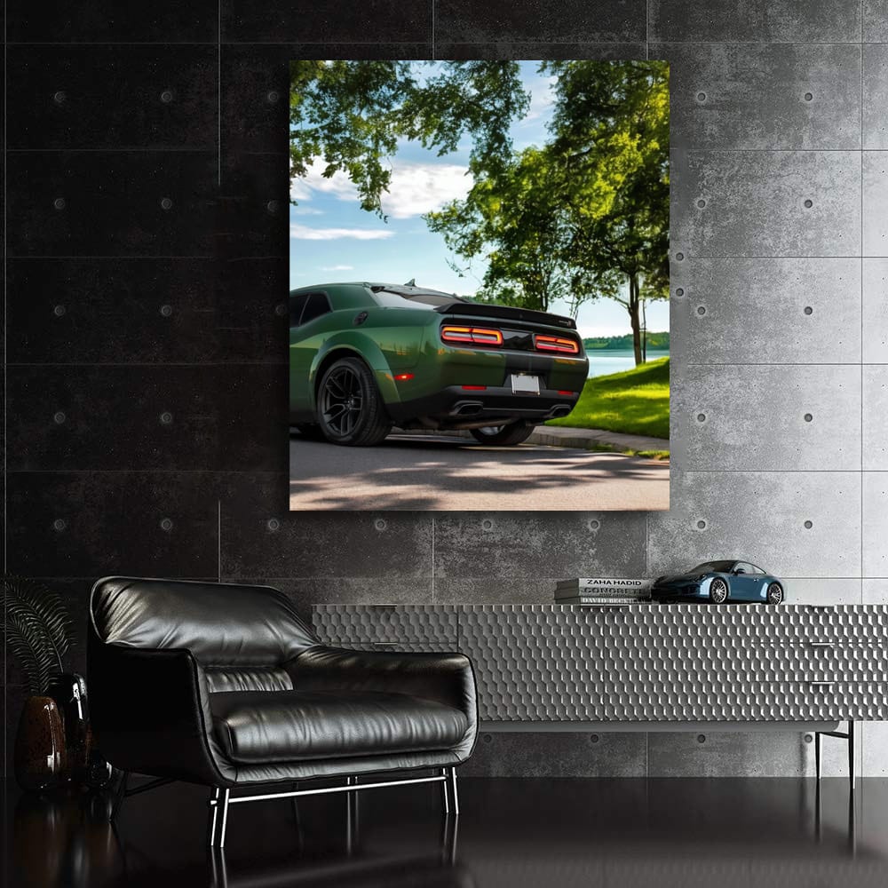 Green Dodge Challenger in Park - Bold American Muscle