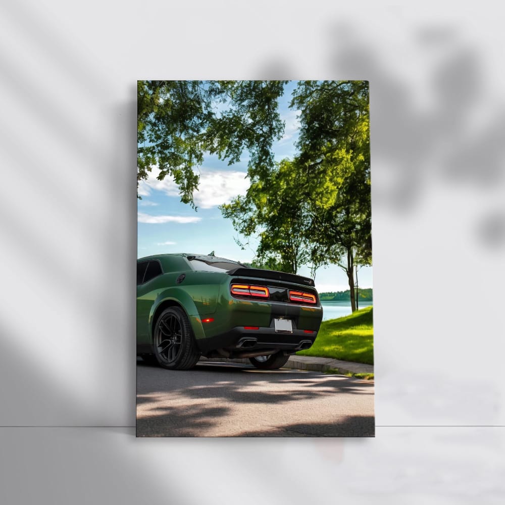 Green Dodge Challenger in Park - Bold American Muscle