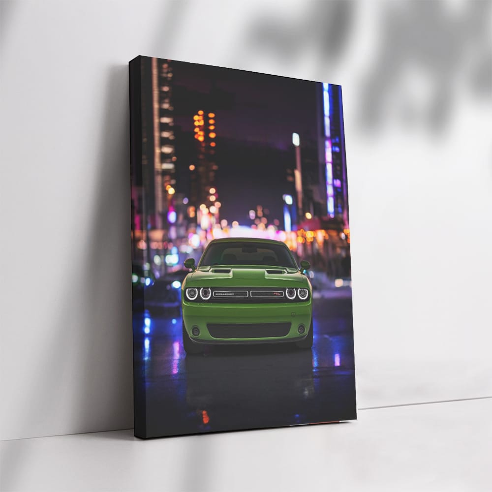 Nighttime Cityscape with Dodge Challenger - Bold and Powerful