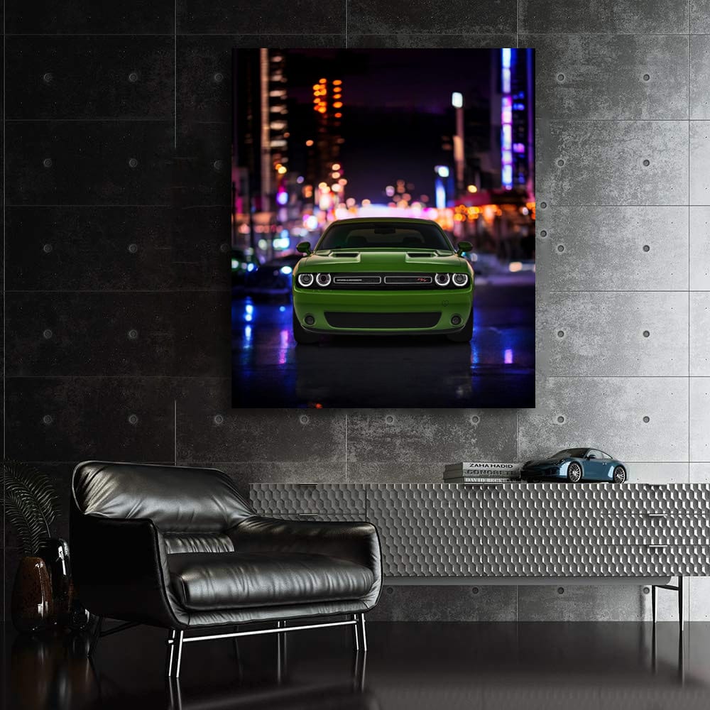 Nighttime Cityscape with Dodge Challenger - Bold and Powerful