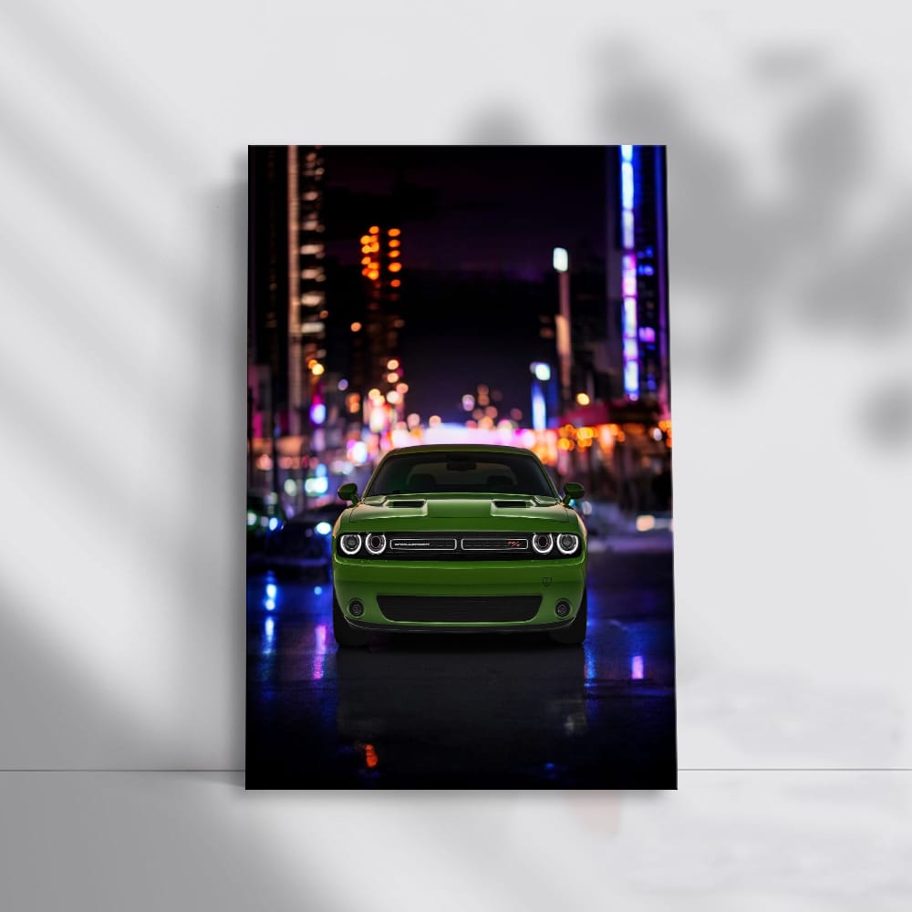 Nighttime Cityscape with Dodge Challenger - Bold and Powerful