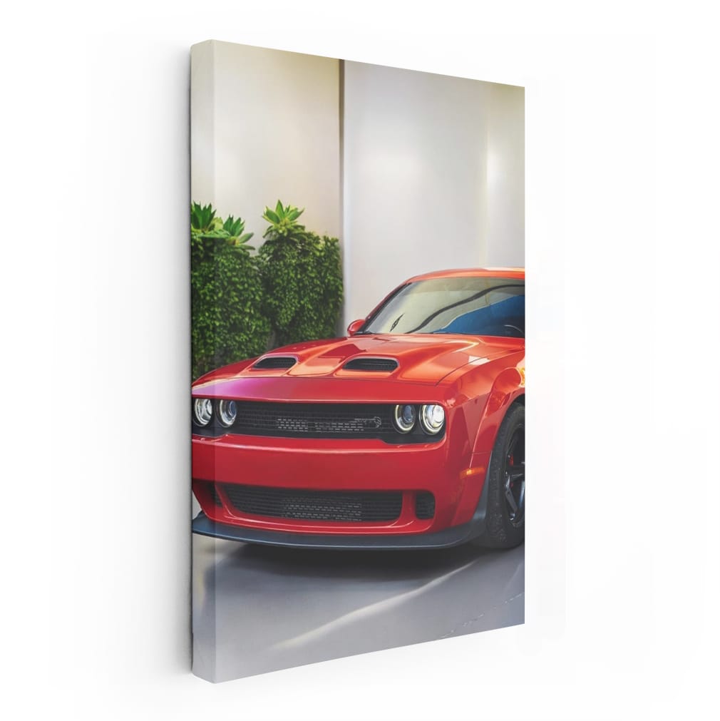 Red Dodge Challenger in Parking Lot - Bold and Powerful