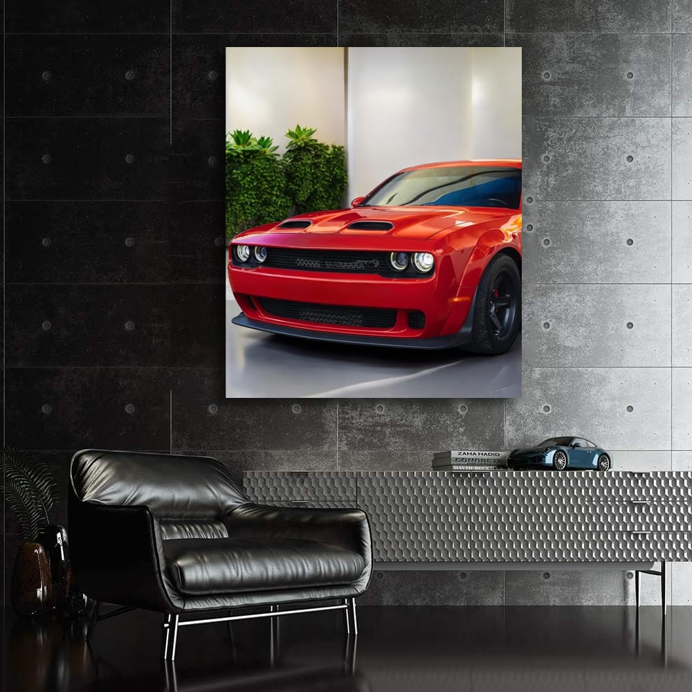 Red Dodge Challenger in Parking Lot - Bold and Powerful