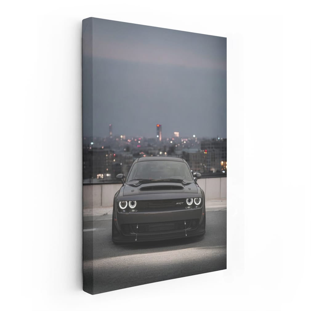 Sleek Black Dodge SRT Roams Dim City - Power Unleashed