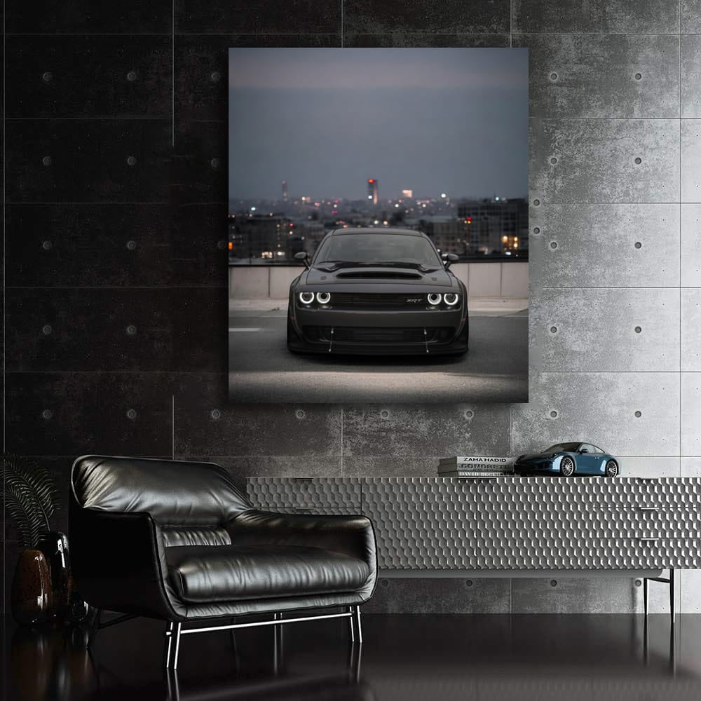 Sleek Black Dodge SRT Roams Dim City - Power Unleashed