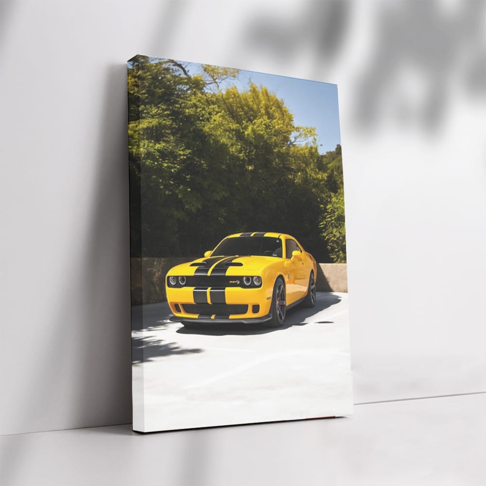 Yellow Dodge SRT Roars Through Forest - Bold and Fierce