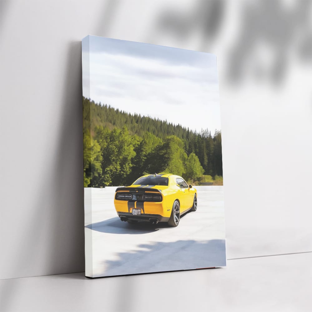 Yellow Dodge SRT in Forest - Speed Meets Nature