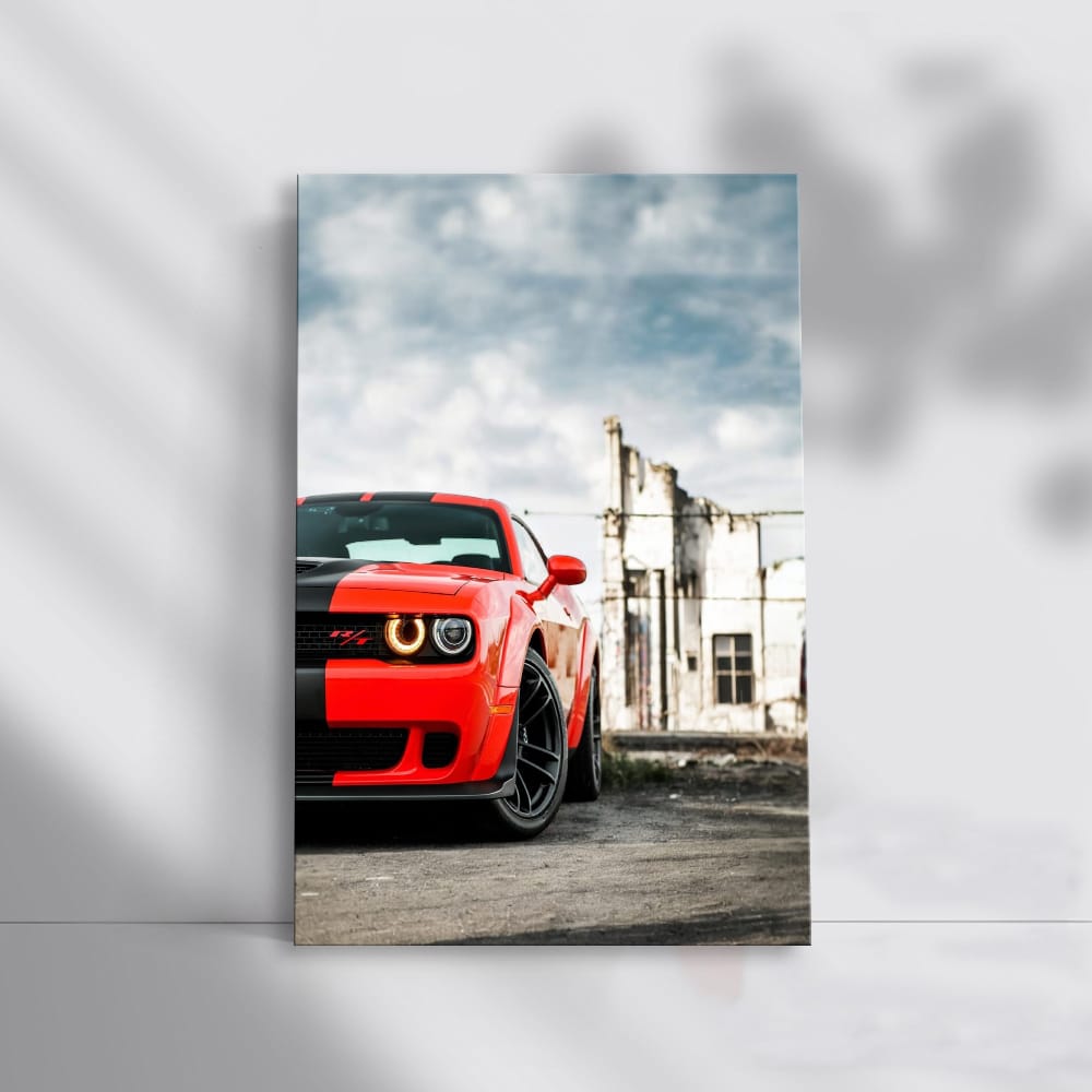 Red Dodge Challenger in Deserted City - Power Unleashed