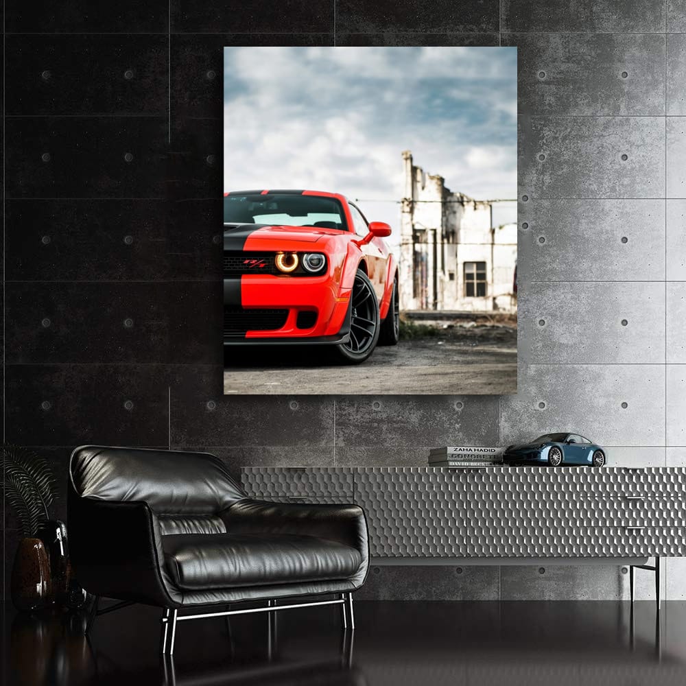 Red Dodge Challenger in Deserted City - Power Unleashed