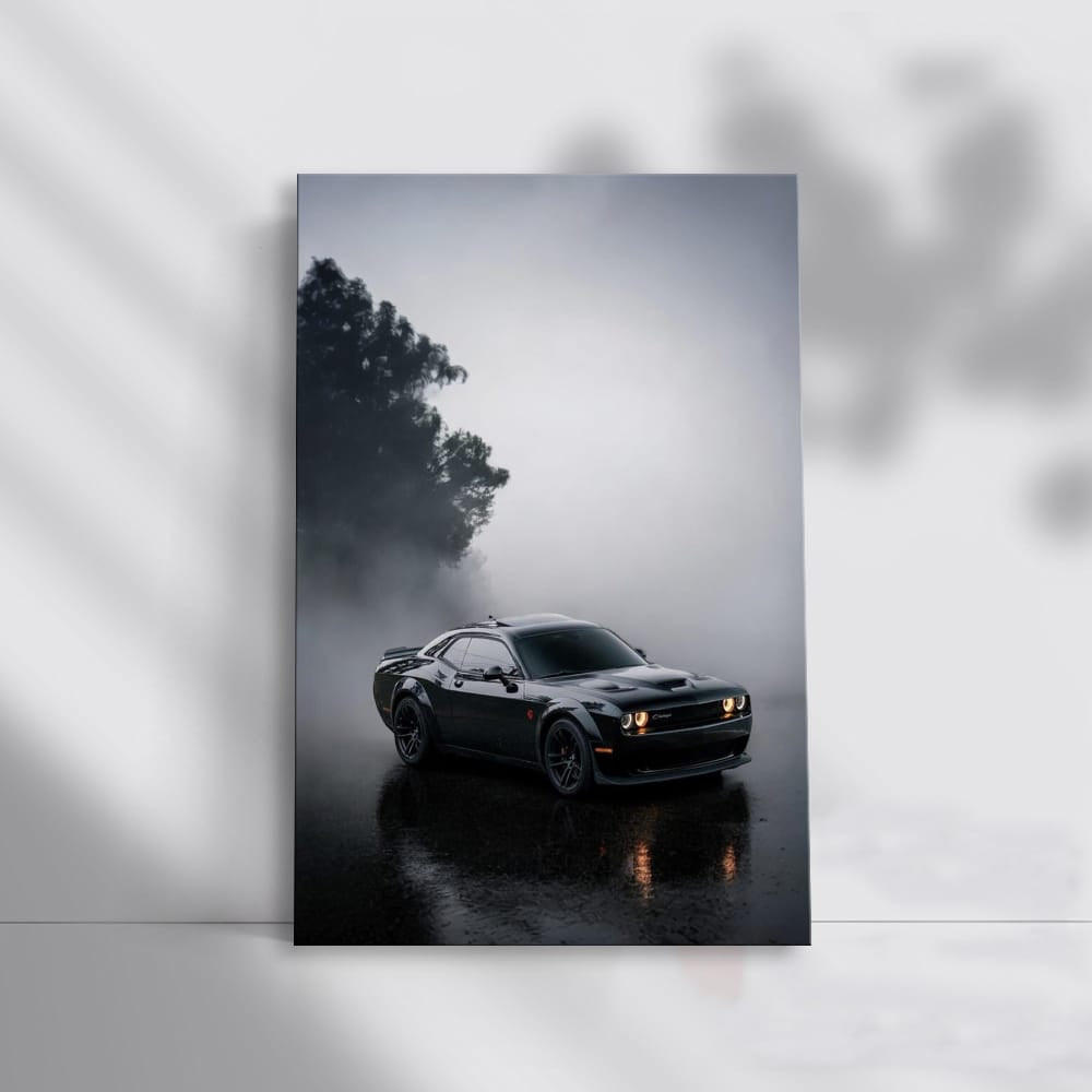 Black Dodge in Fog - Sleek and Mysterious Ride