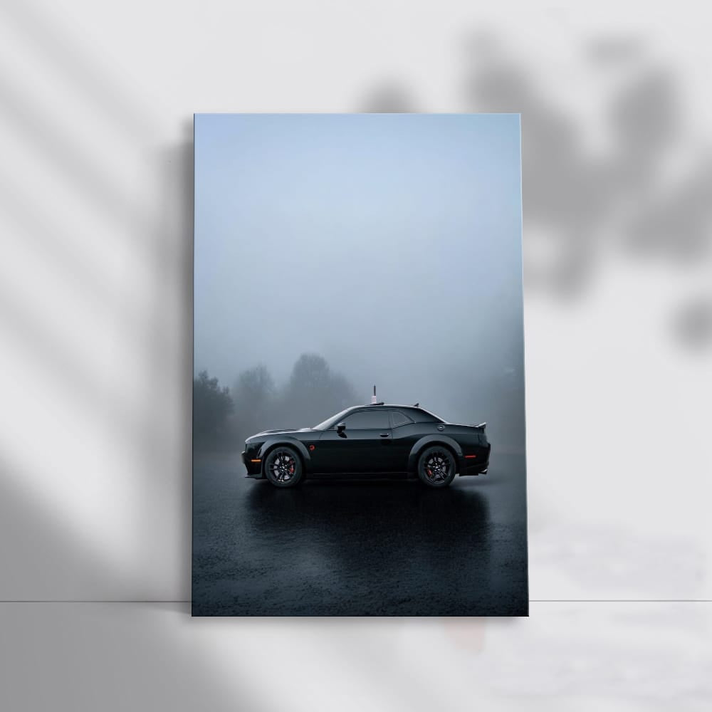 Stealthy Black Dodge in Fog - Power Meets Elegance