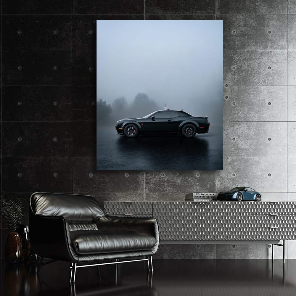 Stealthy Black Dodge in Fog - Power Meets Elegance