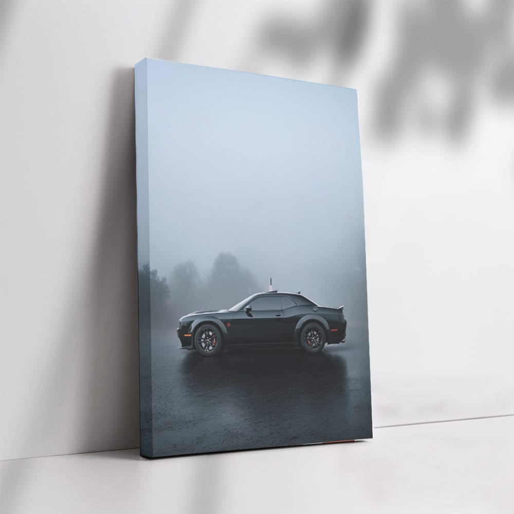 Stealthy Black Dodge in Fog - Power Meets Elegance