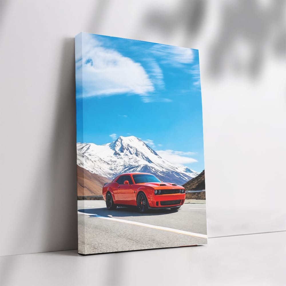 Red Dodge with Snowy Mountains - Rugged and Bold Adventure