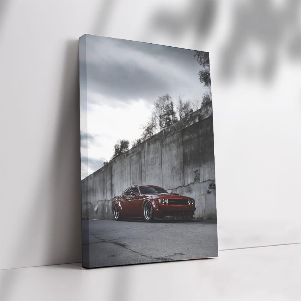 Red Dodge by Concrete Wall - Bold and Powerful Design