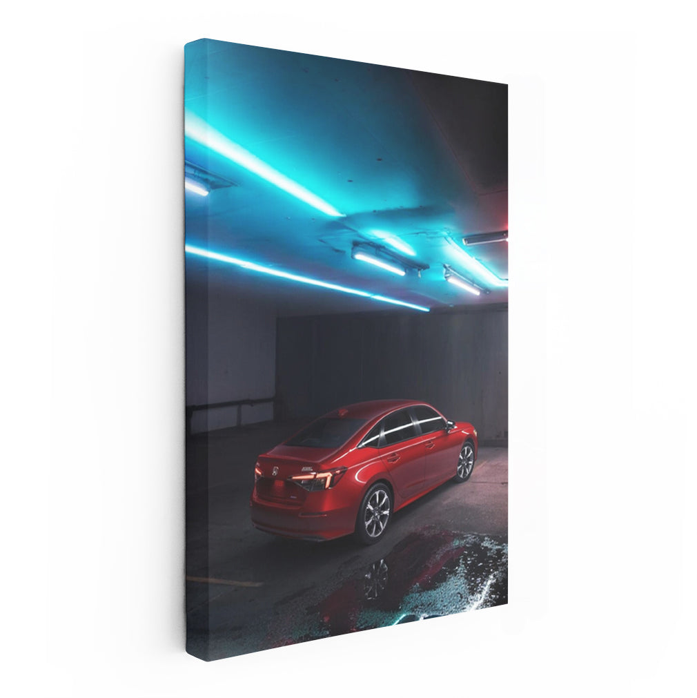 Honda Civic in Neon-Lit Parking Lot - Vibrant Red Spirit