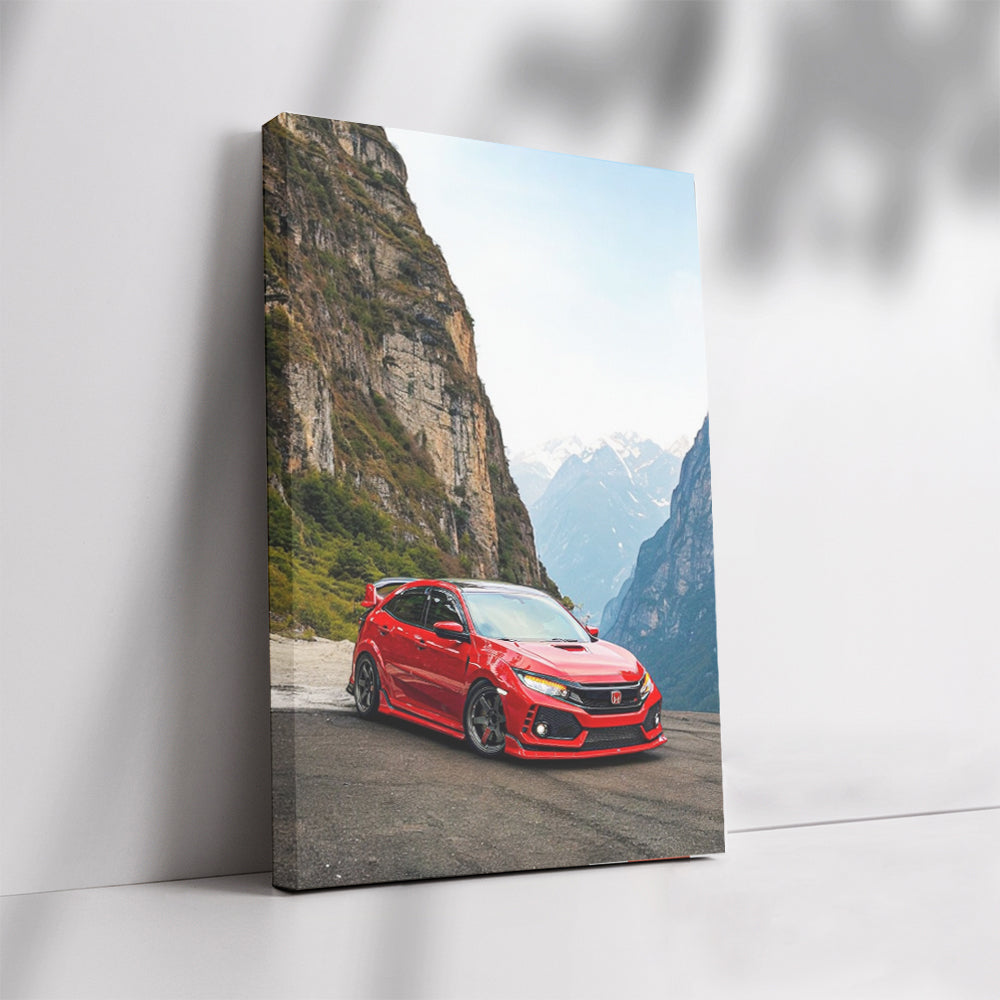 Red Honda Civic with Mountains - Adventure Awaits