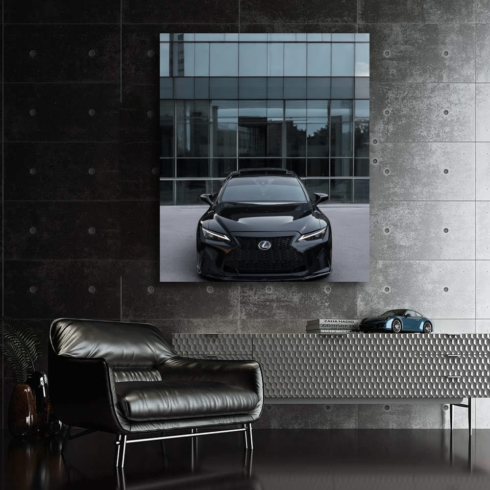 Sleek Black Lexus by Glass Building - Elegance in Motion