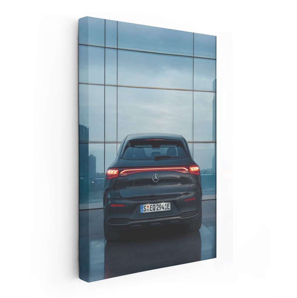 Mercedes in Front of Glass Structure - Sleek and Modern
