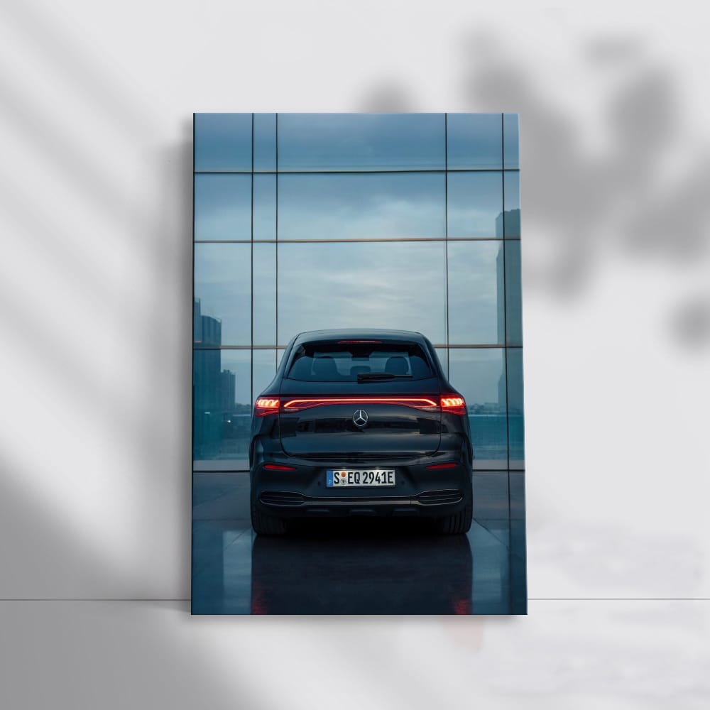 Mercedes in Front of Glass Structure - Sleek and Modern