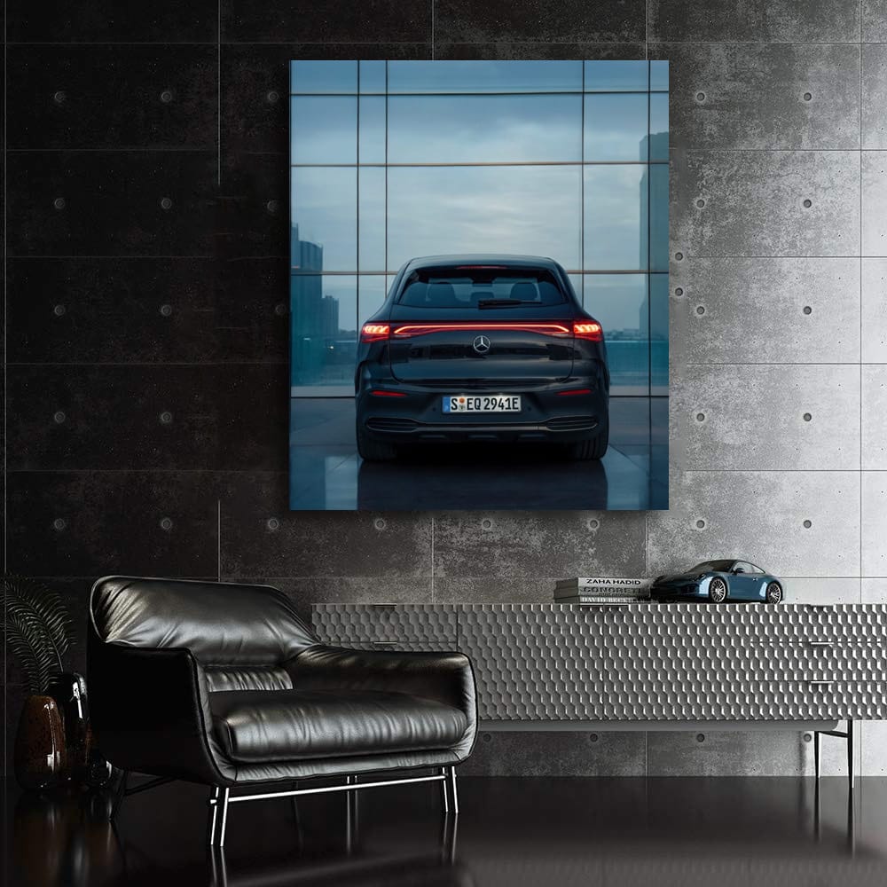 Mercedes in Front of Glass Structure - Sleek and Modern