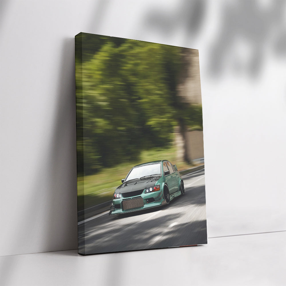Mitsubishi Lancer Cruising Down Road - Sporty Elegance