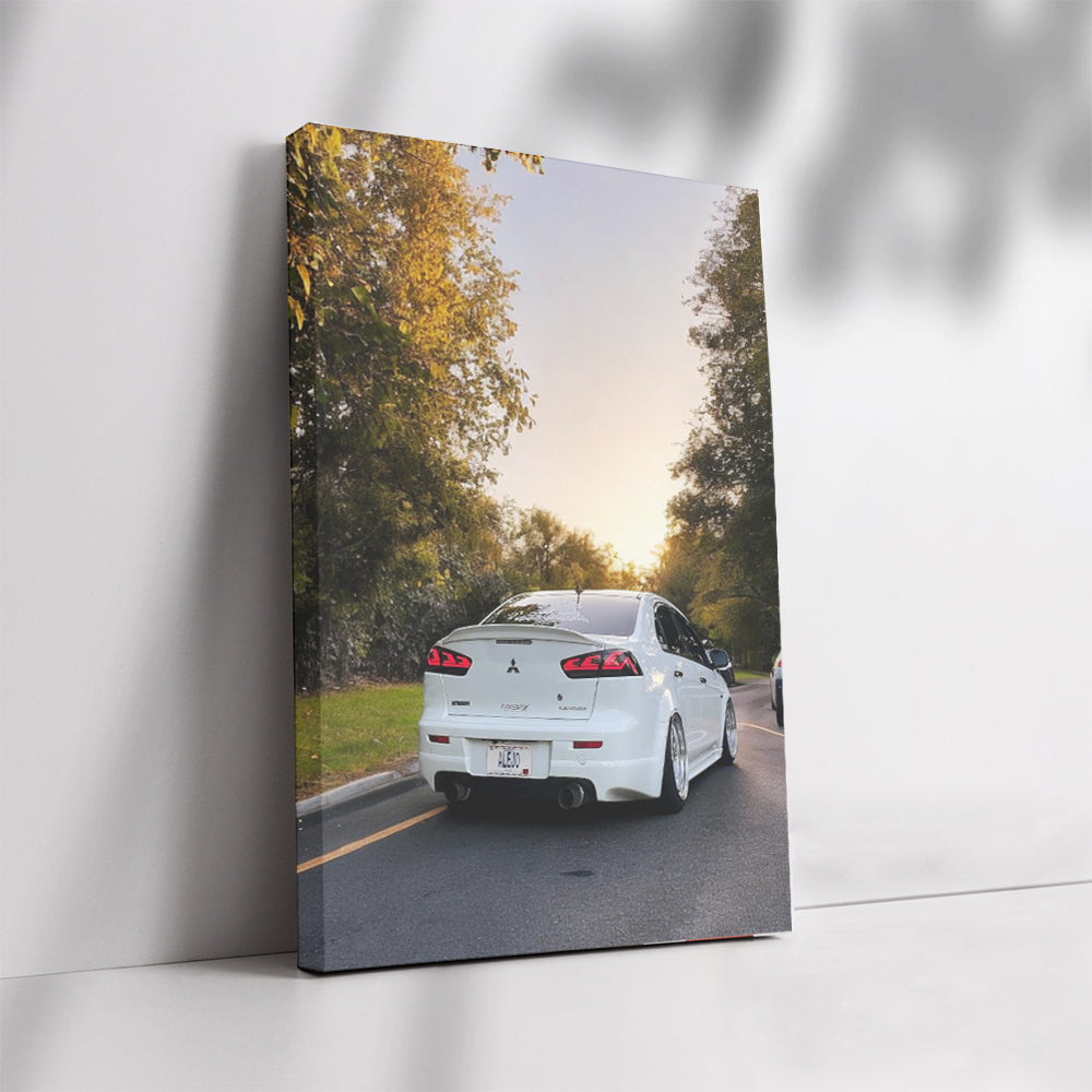 White Mitsubishi Lancer at Sunset - Sporty Elegance