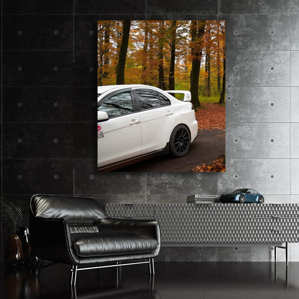 White Mitsubishi Lancer in Autumn Forest - Elegance in Motion