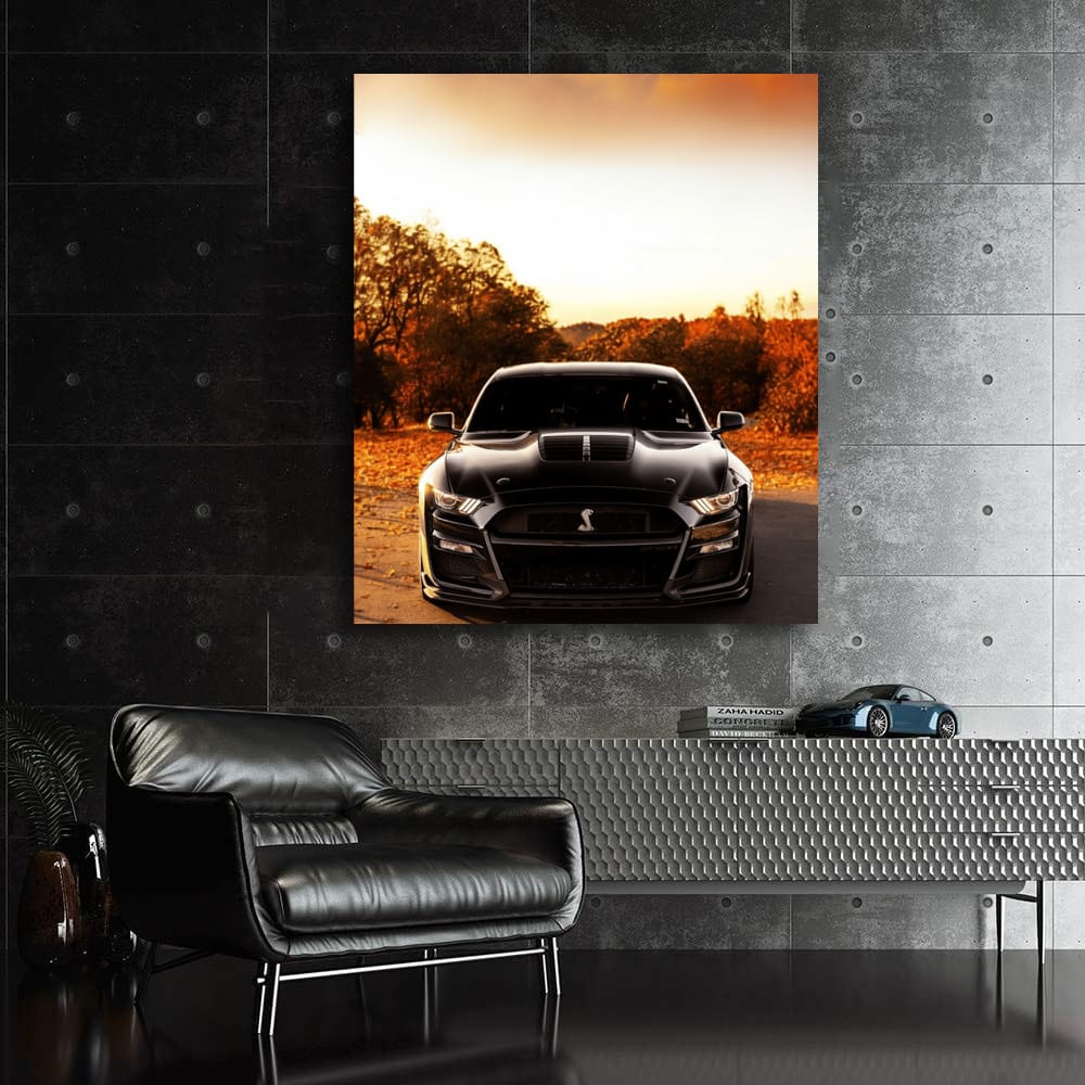 Mustang at Sunset: Autumn's Fiery Backdrop - Iconic Power