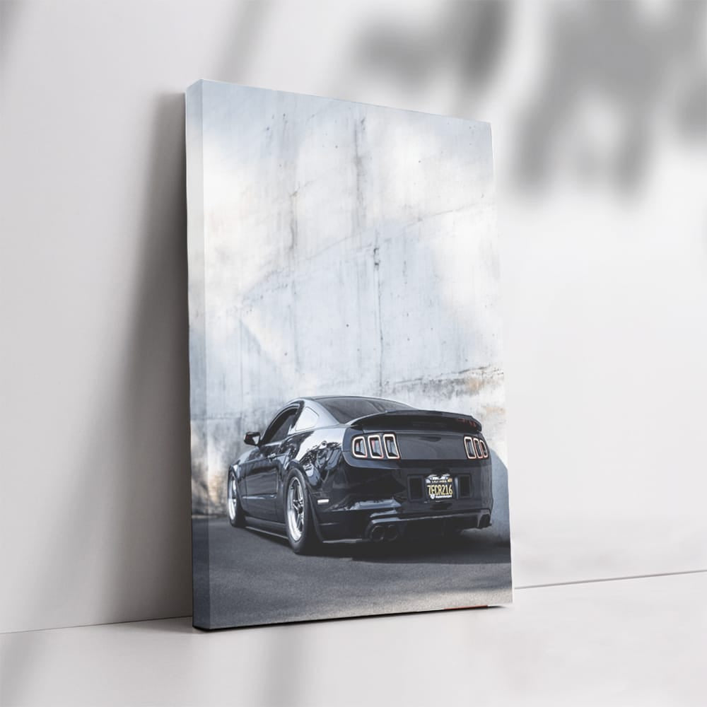 Black Mustang Against Concrete Wall - Power and Elegance