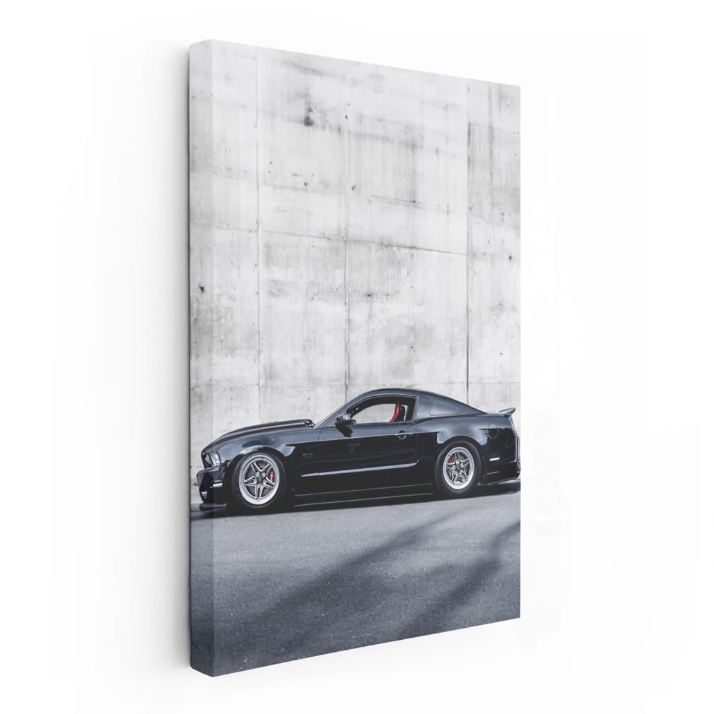 Black Mustang Against Concrete Wall - Bold and Powerful