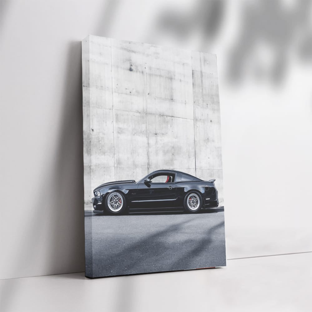 Black Mustang Against Concrete Wall - Bold and Powerful